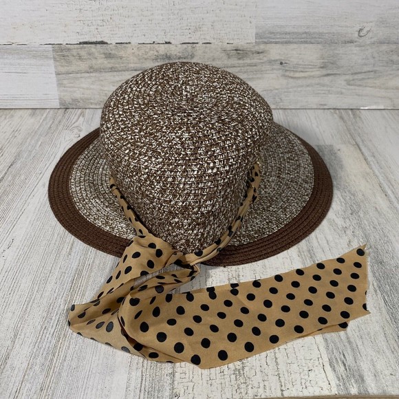 Women's Straw Sun Hat Women's OS Marbled Brown Tan Black Polka Dot Accent Scarf - Picture 3 of 6